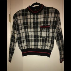 Liz Sport Vintage Black and White Checked Sweater With Red Trim. Size Medium
